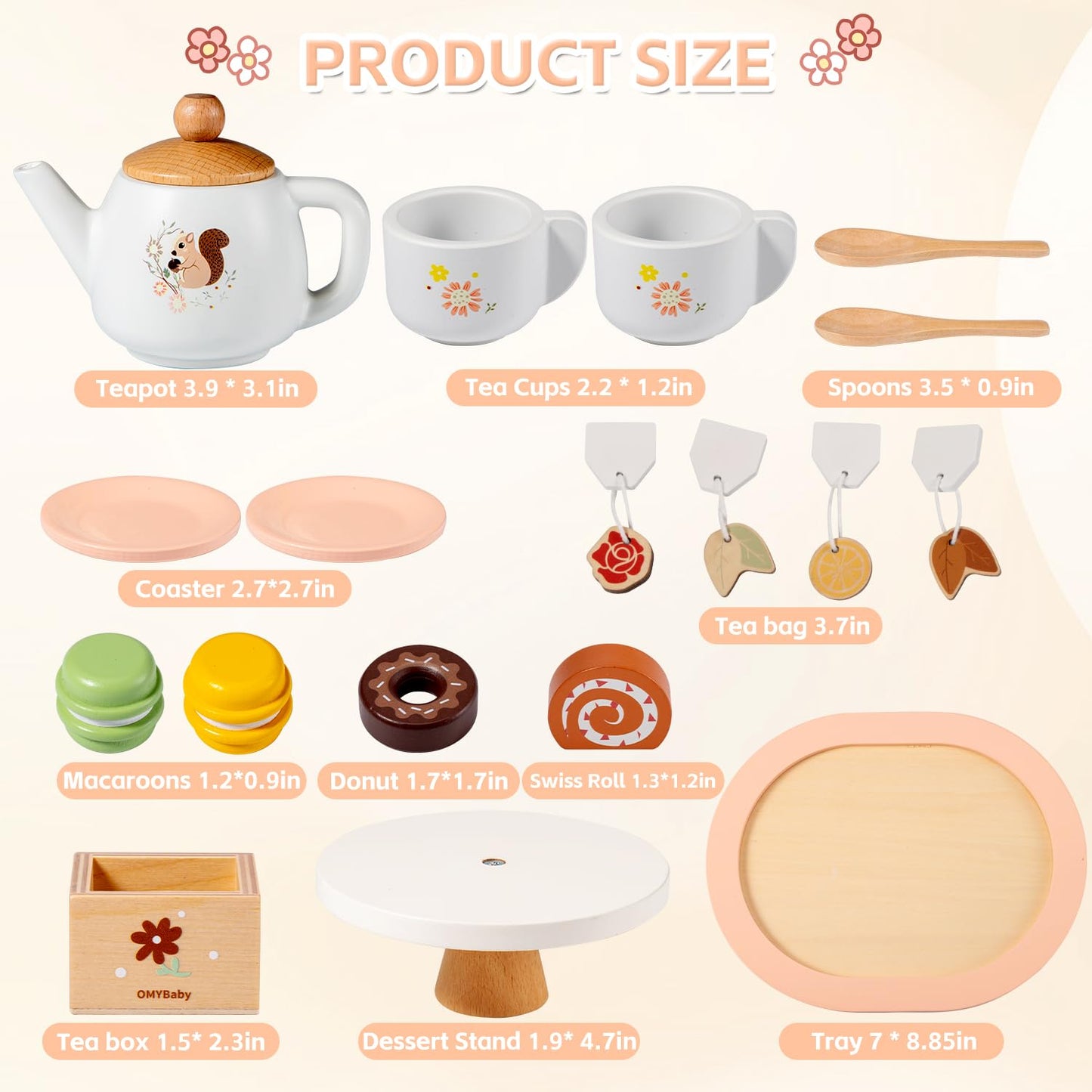 OMYbaby Wooden Tea Set – 19-Piece Pretend Play Kit for Girls, Ages 3+