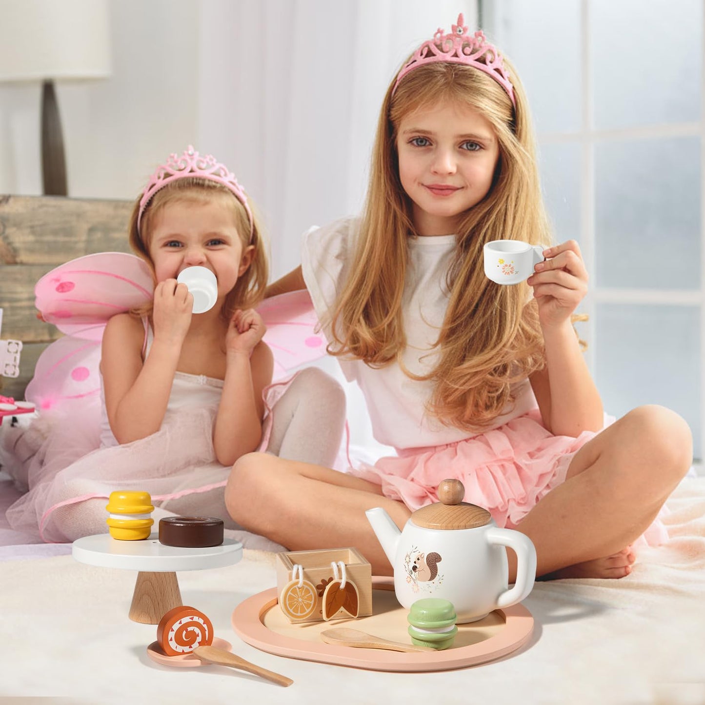 OMYbaby Wooden Tea Set – 19-Piece Pretend Play Kit for Girls, Ages 3+