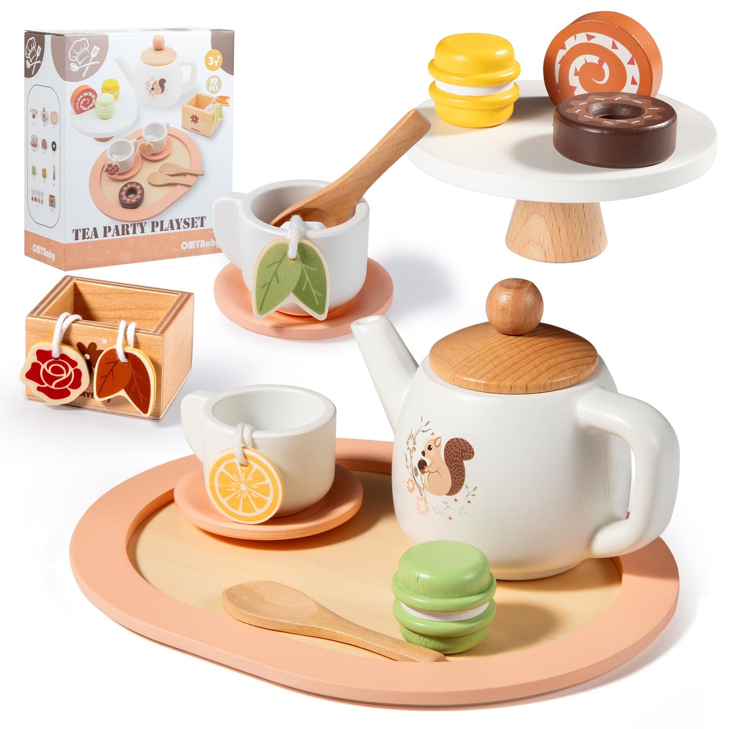 OMYbaby Wooden Tea Set – 19-Piece Pretend Play Kit for Girls, Ages 3+