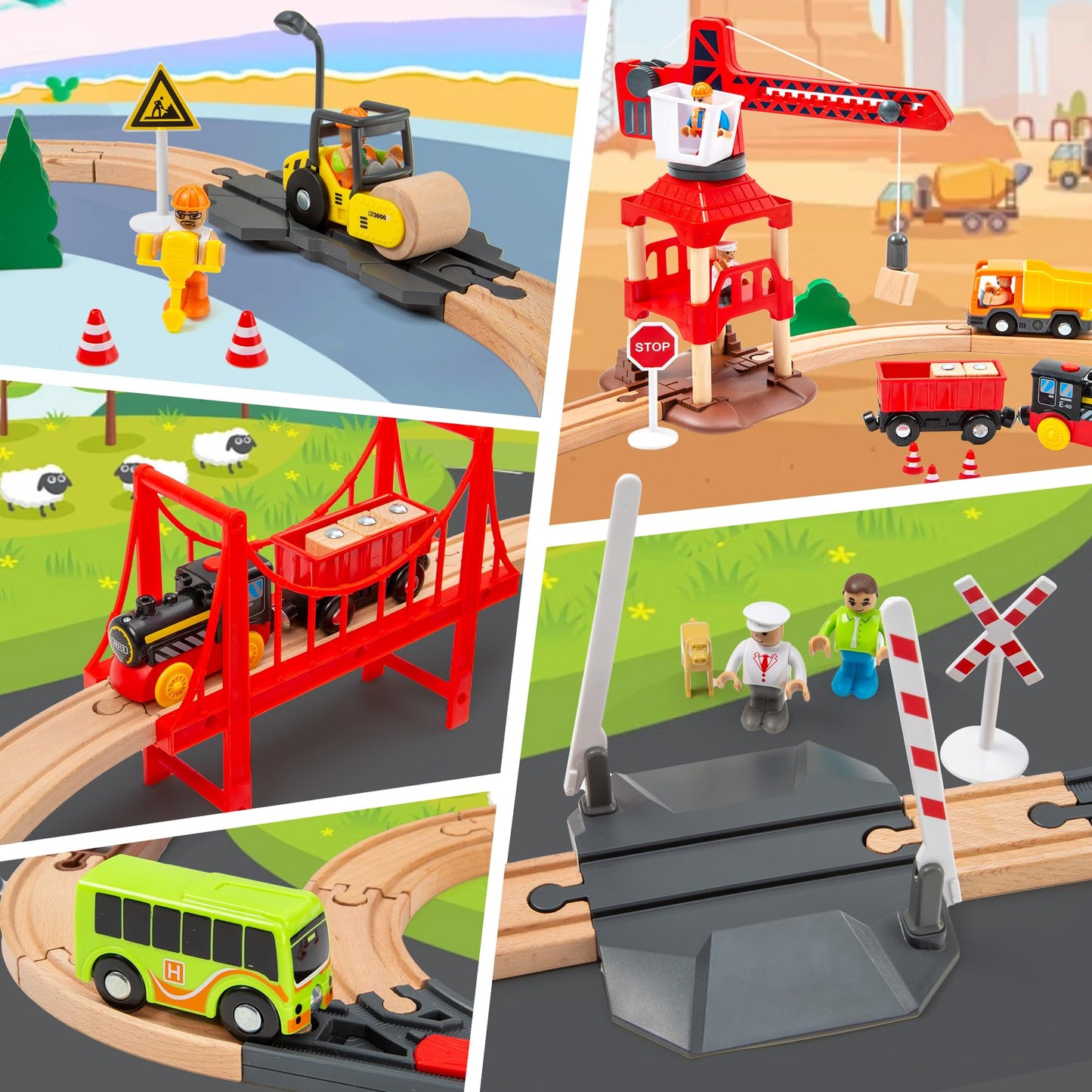 OMYbaby 86pcs Wooden Train Set with Crane – 6 Layouts, Compatible with Major Brands