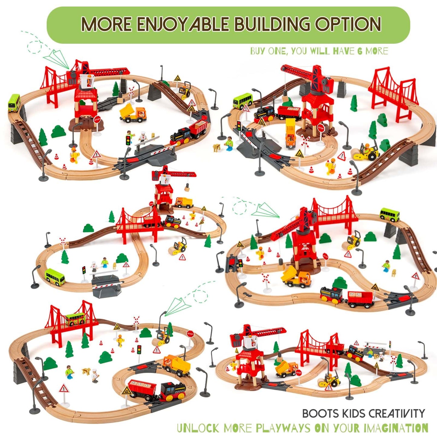 OMYbaby 86pcs Wooden Train Set with Crane – 6 Layouts, Compatible with Major Brands