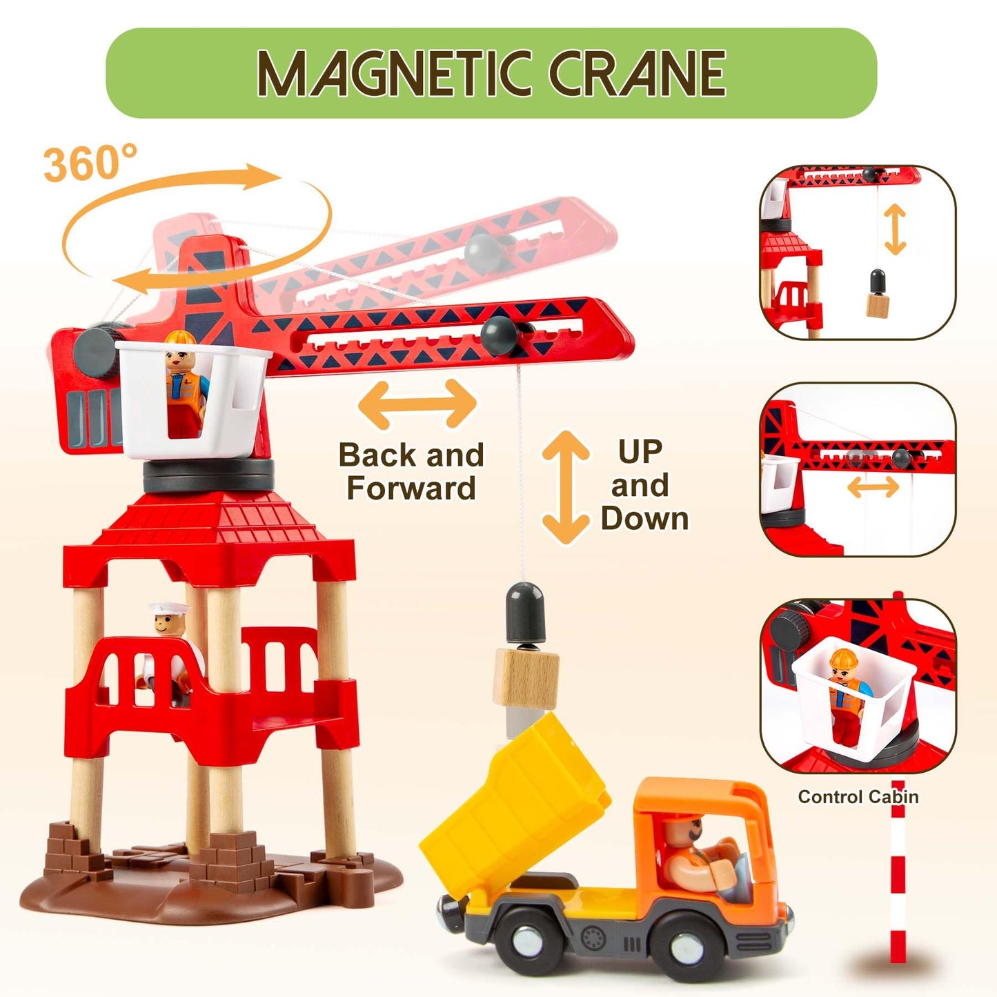 OMYbaby 86pcs Wooden Train Set with Crane – 6 Layouts, Compatible with Major Brands