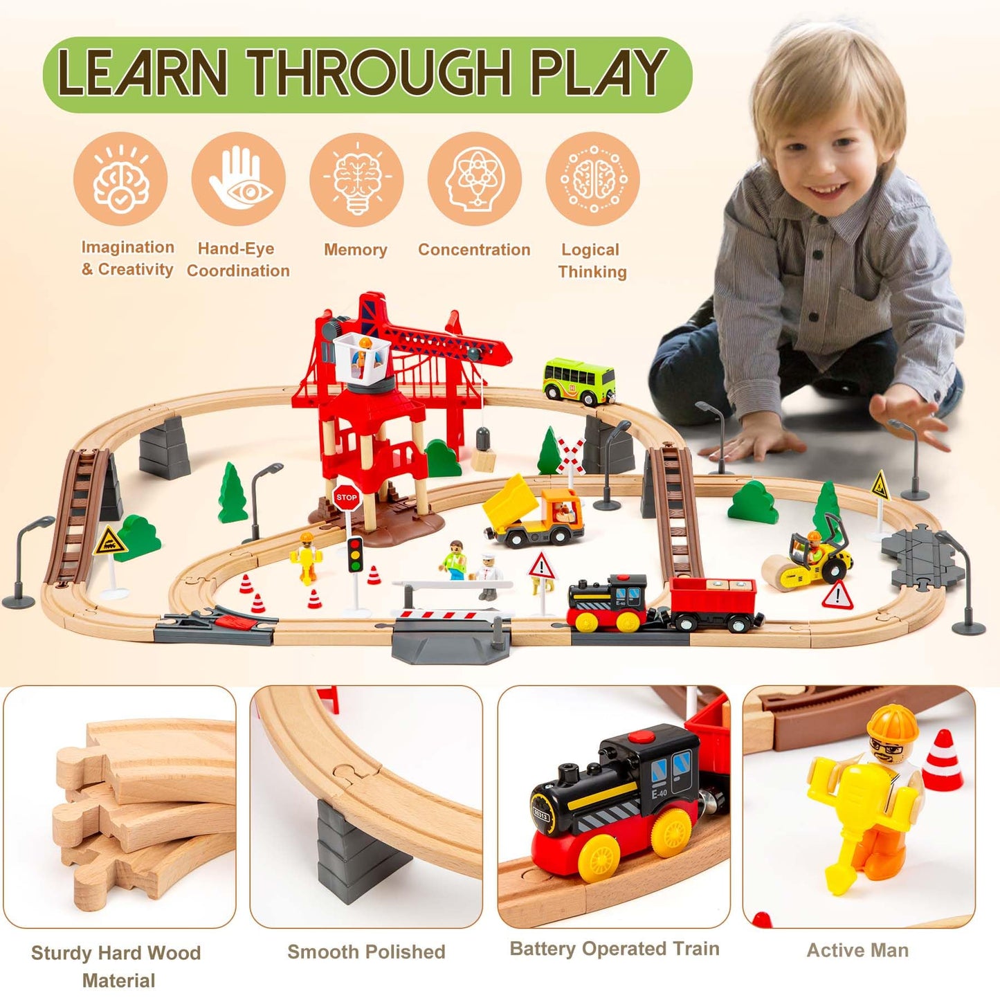 OMYbaby 86pcs Wooden Train Set with Crane – 6 Layouts, Compatible with Major Brands