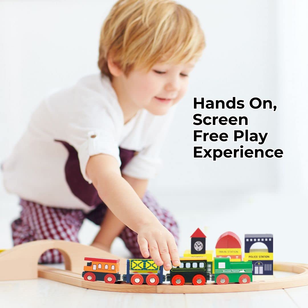 On Track USA Wooden Train Set – 100-Piece All-in-One Toy with Magnetic Trains & Tracks