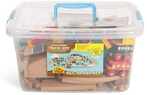 On Track USA Wooden Train Set – 100-Piece All-in-One Toy with Magnetic Trains & Tracks