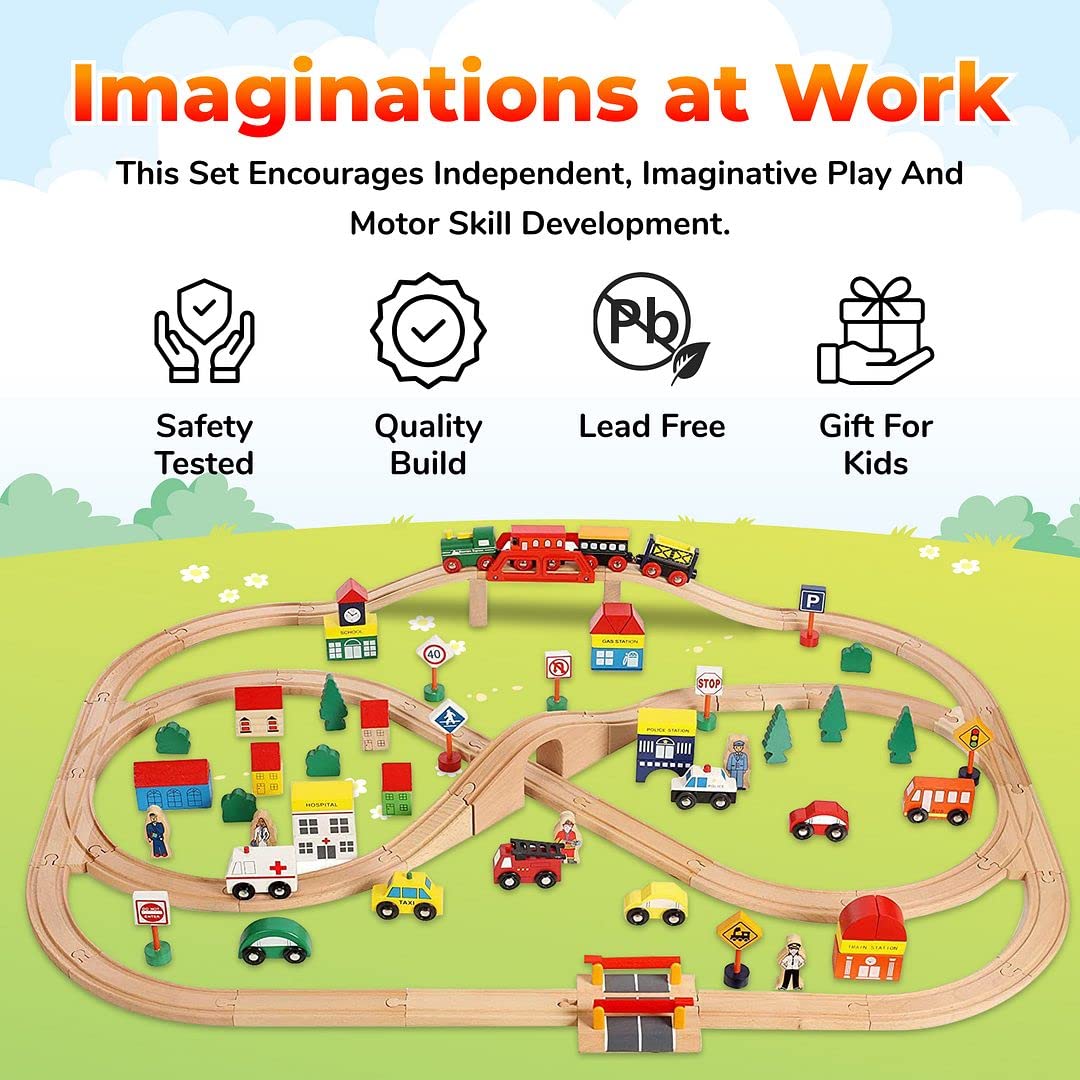 On Track USA Wooden Train Set – 100-Piece All-in-One Toy with Magnetic Trains & Tracks