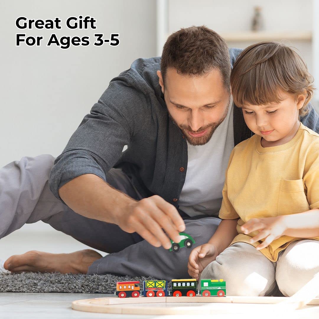 On Track USA Wooden Train Set – 100-Piece All-in-One Toy with Magnetic Trains & Tracks