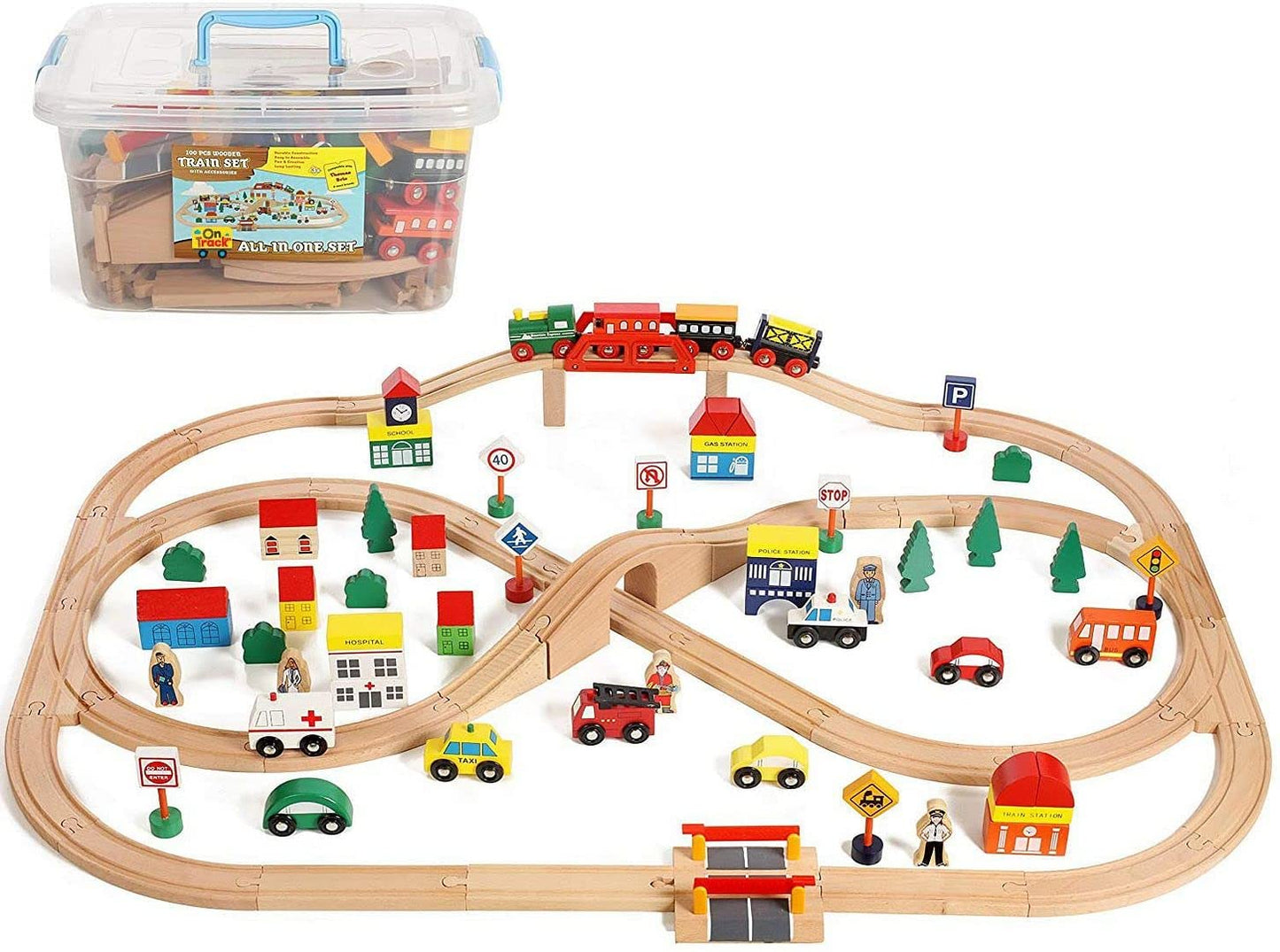 On Track USA Wooden Train Set – 100-Piece All-in-One Toy with Magnetic Trains & Tracks