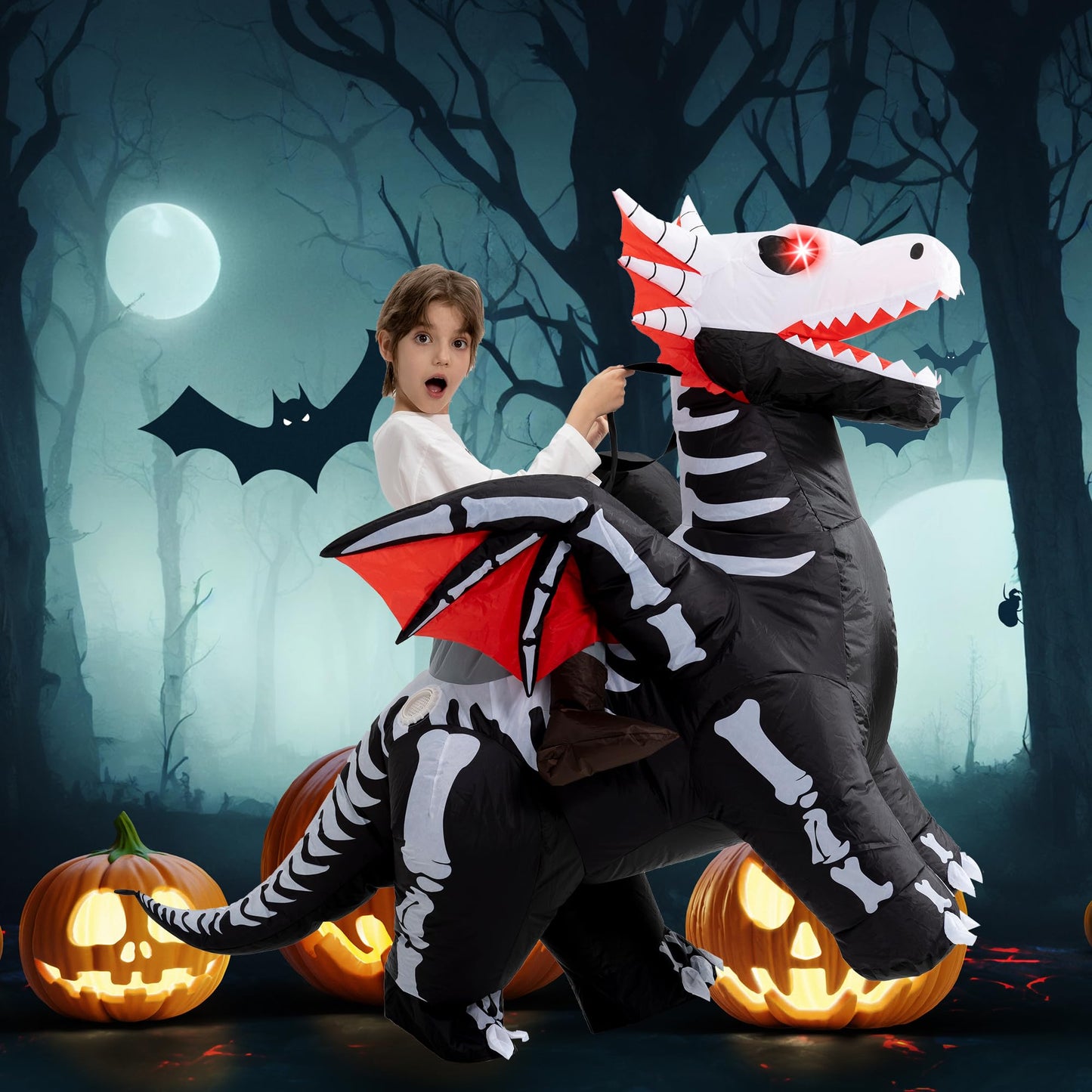 One Casa Inflatable Skeleton Dragon Costume for Kids (7-10Yrs) – LED Eyes, Ride-On Halloween Outfit