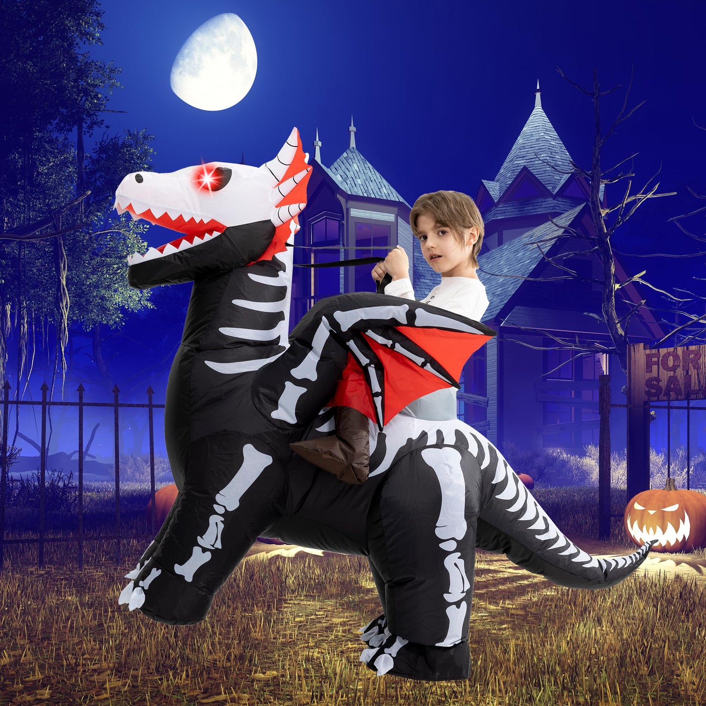 One Casa Inflatable Skeleton Dragon Costume for Kids (7-10Yrs) – LED Eyes, Ride-On Halloween Outfit