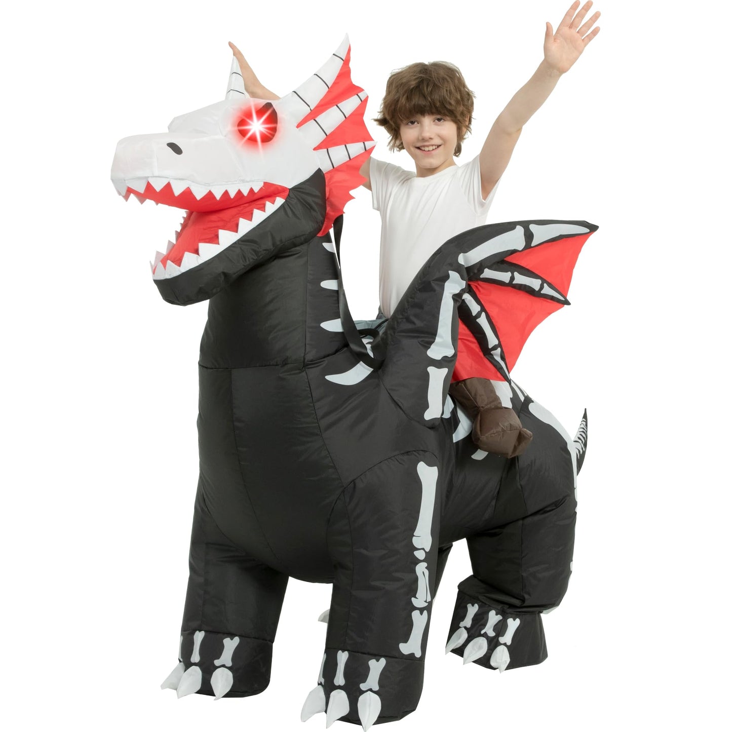 One Casa Inflatable Skeleton Dragon Costume for Kids (7-10Yrs) – LED Eyes, Ride-On Halloween Outfit