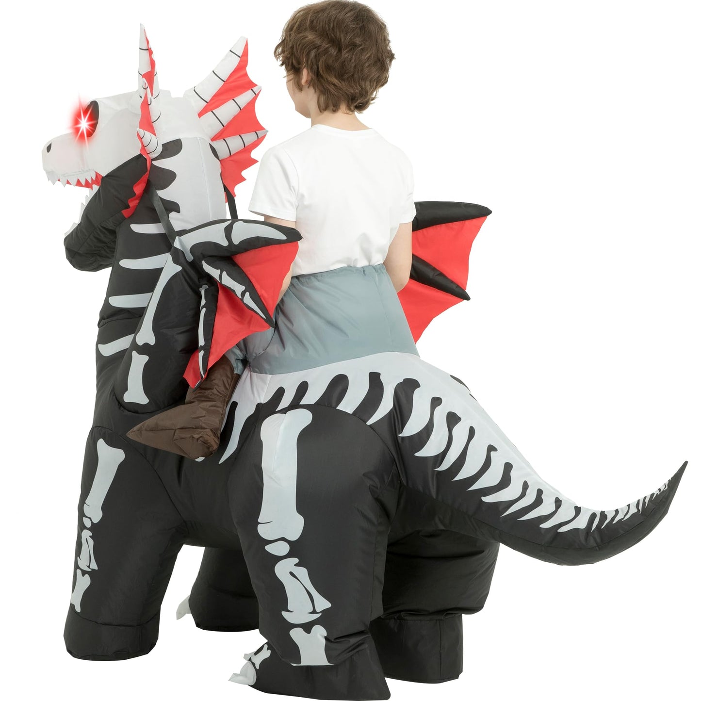 One Casa Inflatable Skeleton Dragon Costume for Kids (7-10Yrs) – LED Eyes, Ride-On Halloween Outfit