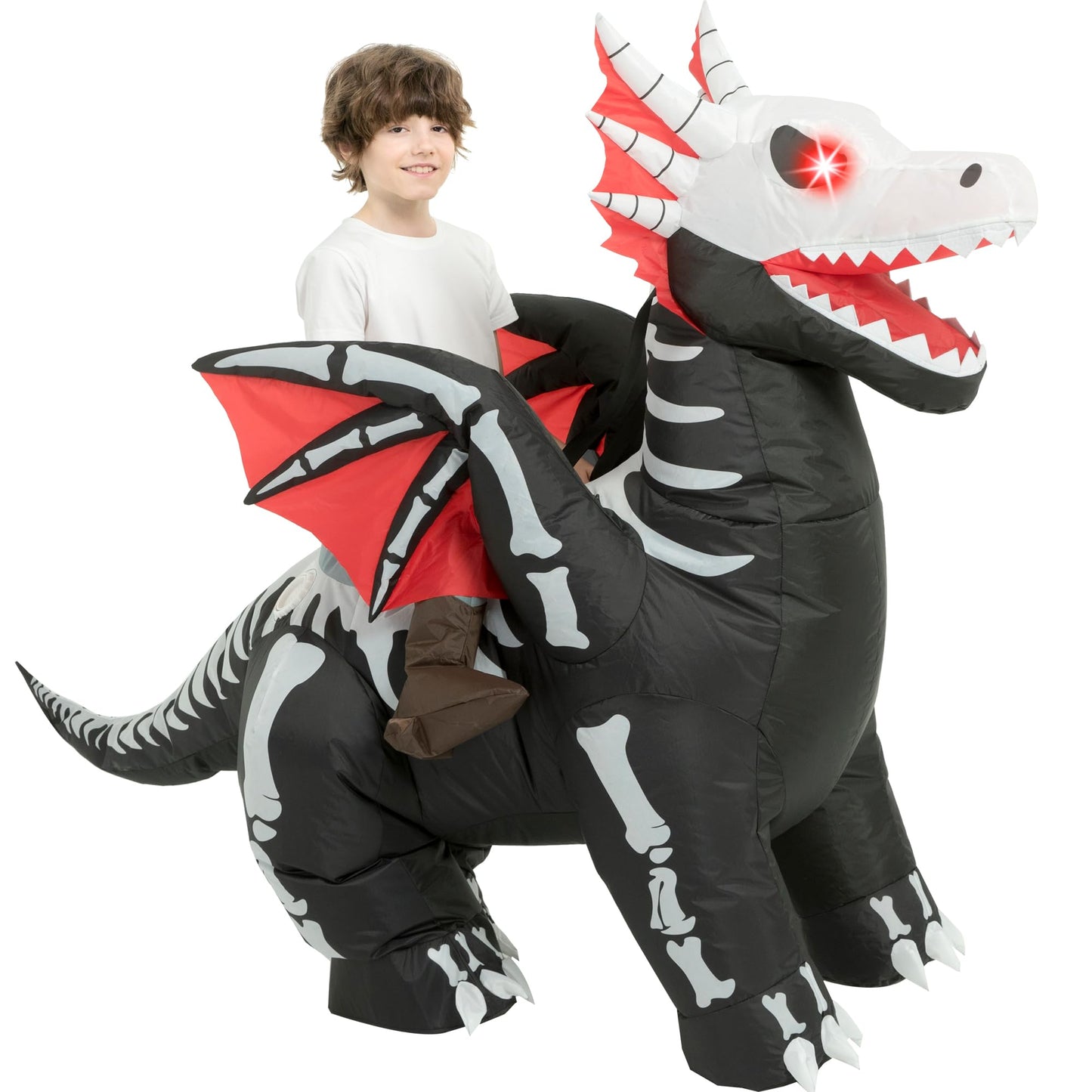 One Casa Inflatable Skeleton Dragon Costume for Kids (7-10Yrs) – LED Eyes, Ride-On Halloween Outfit