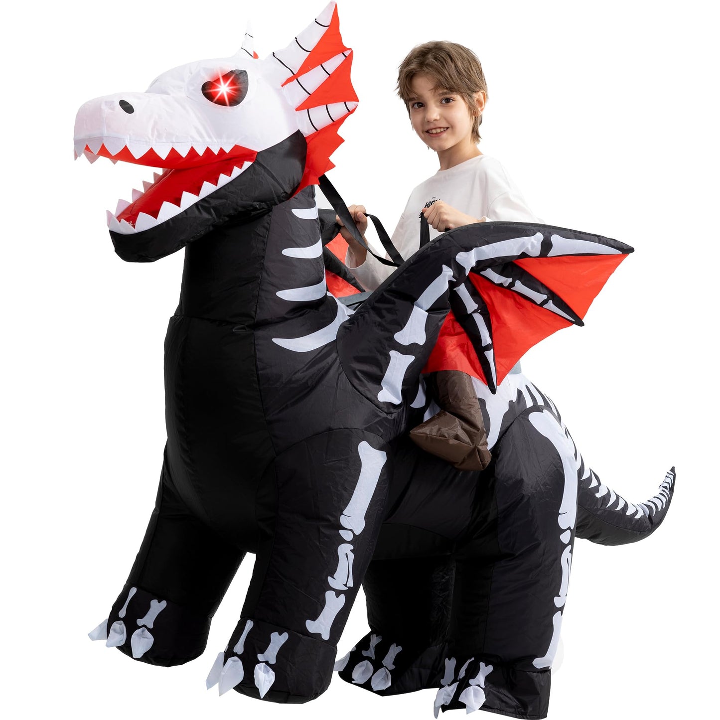 One Casa Inflatable Skeleton Dragon Costume for Kids (7-10Yrs) – LED Eyes, Ride-On Halloween Outfit