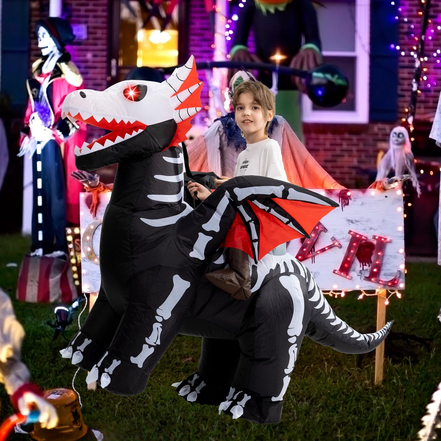 One Casa Inflatable Skeleton Dragon Costume for Kids (7-10Yrs) – LED Eyes, Ride-On Halloween Outfit