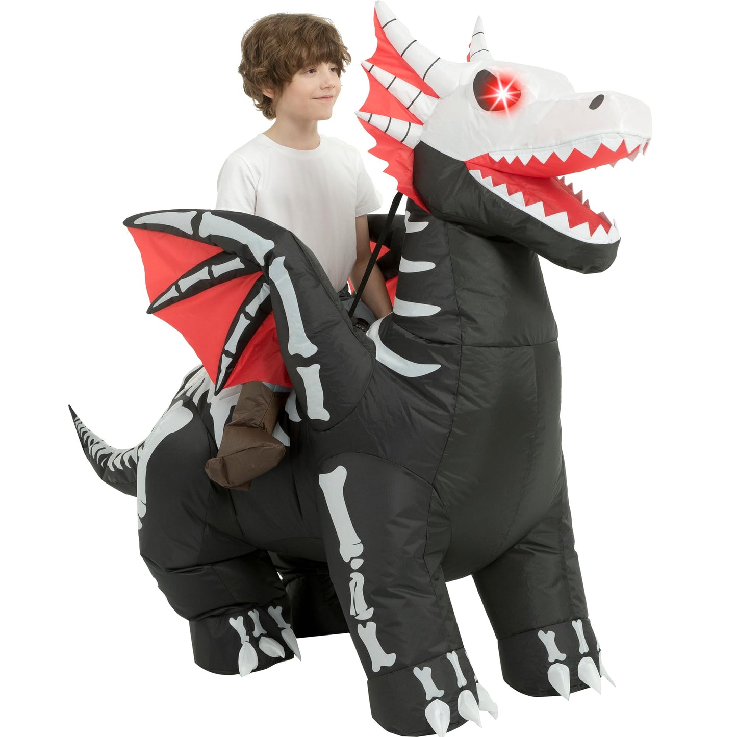 One Casa Inflatable Skeleton Dragon Costume for Kids (7-10Yrs) – LED Eyes, Ride-On Halloween Outfit