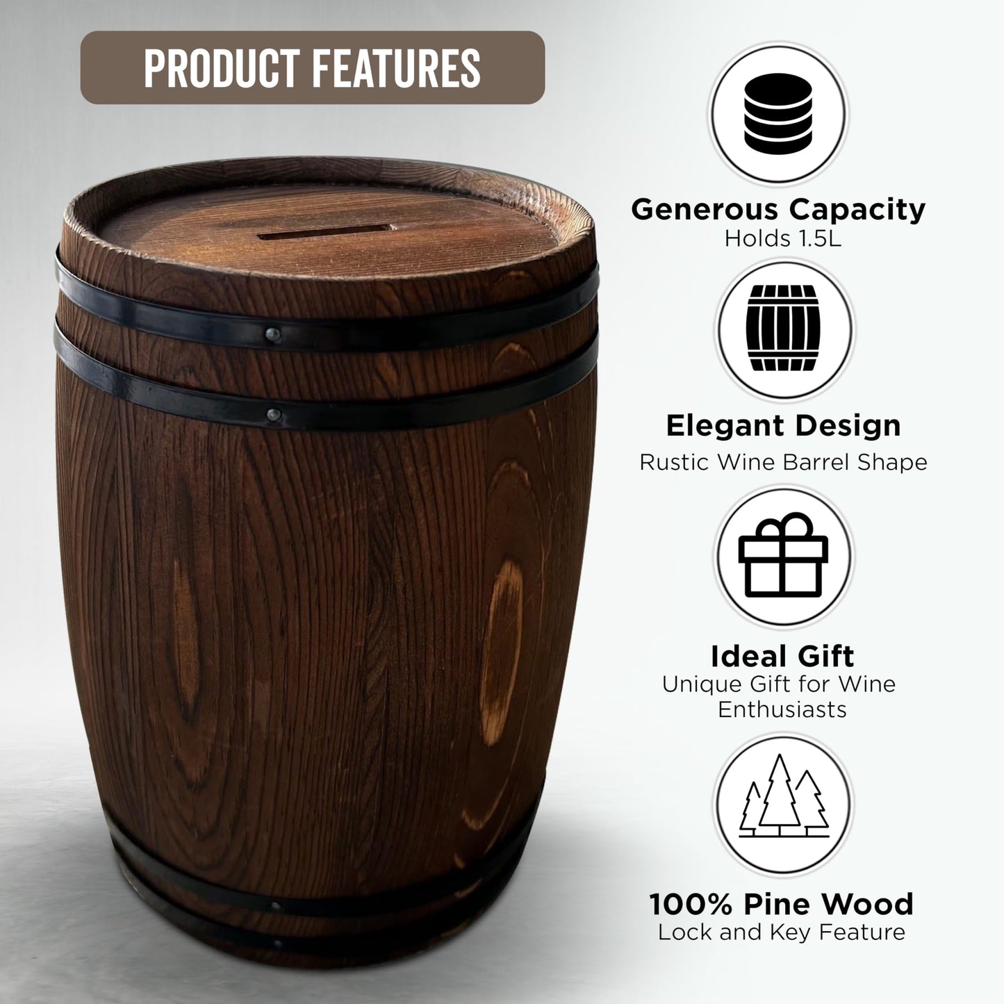 Piggy Bank for Adults — Large Wooden Wine Barrel, 1.5L with Lock & Key