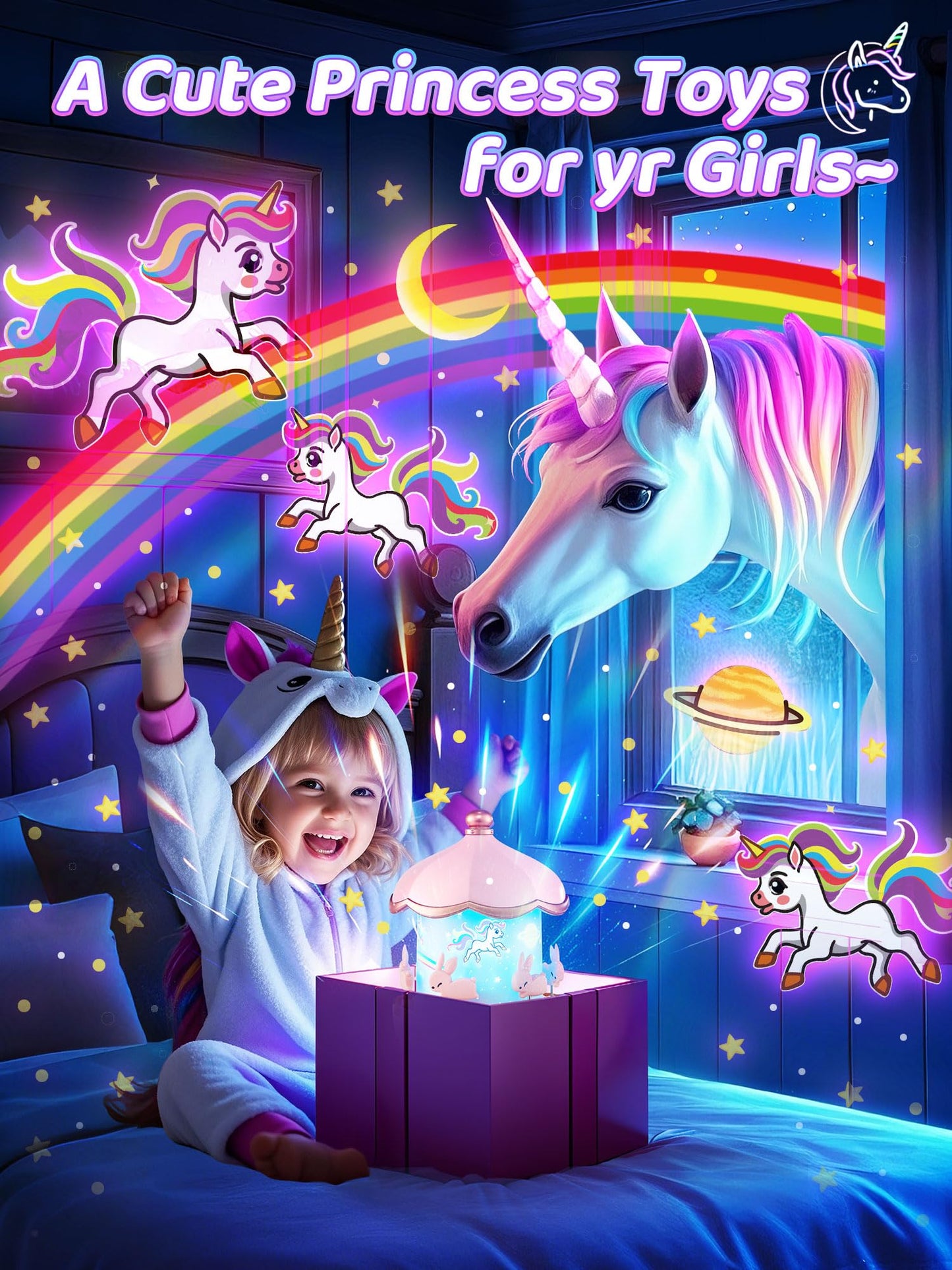 One Fire Princess Night Light Projector for Kids | 315 Colors, 15 Songs, 15 Films, 360° Rotation, Remote