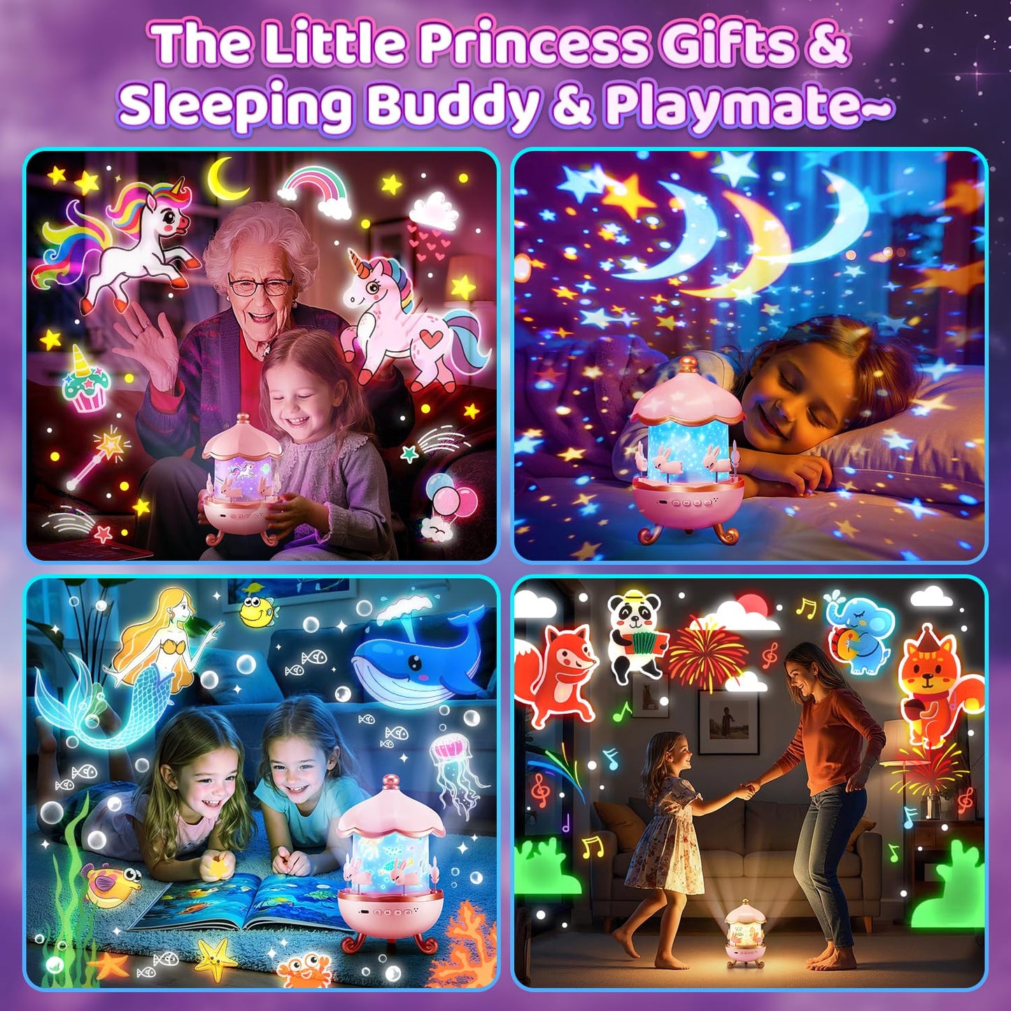 One Fire Princess Night Light Projector for Kids | 315 Colors, 15 Songs, 15 Films, 360° Rotation, Remote