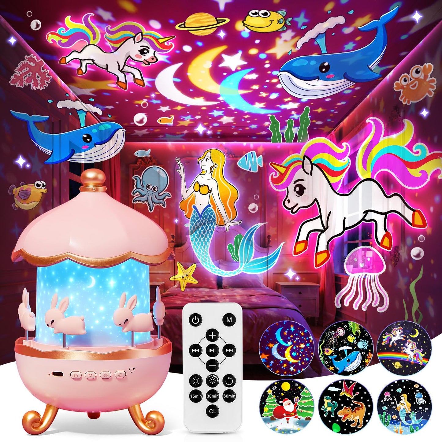 One Fire Princess Night Light Projector for Kids | 315 Colors, 15 Songs, 15 Films, 360° Rotation, Remote