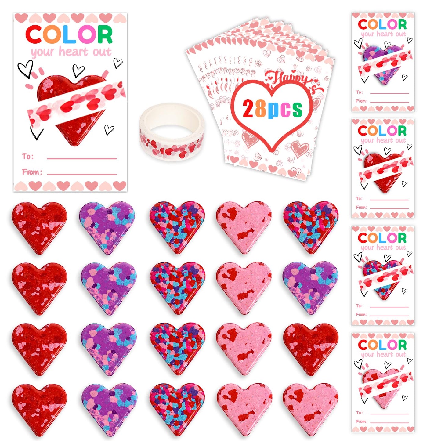 ONEHAUS 28Pcs Kids Valentines Cards with Crayon – Heart-Themed Classroom Gift Set