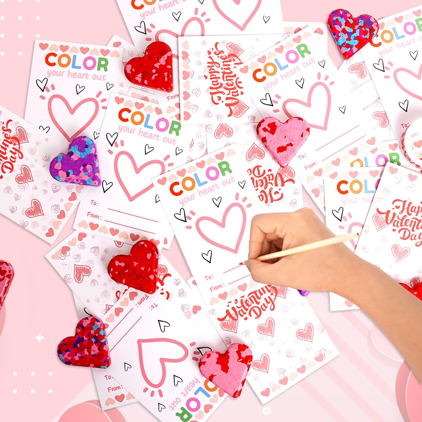 ONEHAUS 28Pcs Kids Valentines Cards with Crayon – Heart-Themed Classroom Gift Set