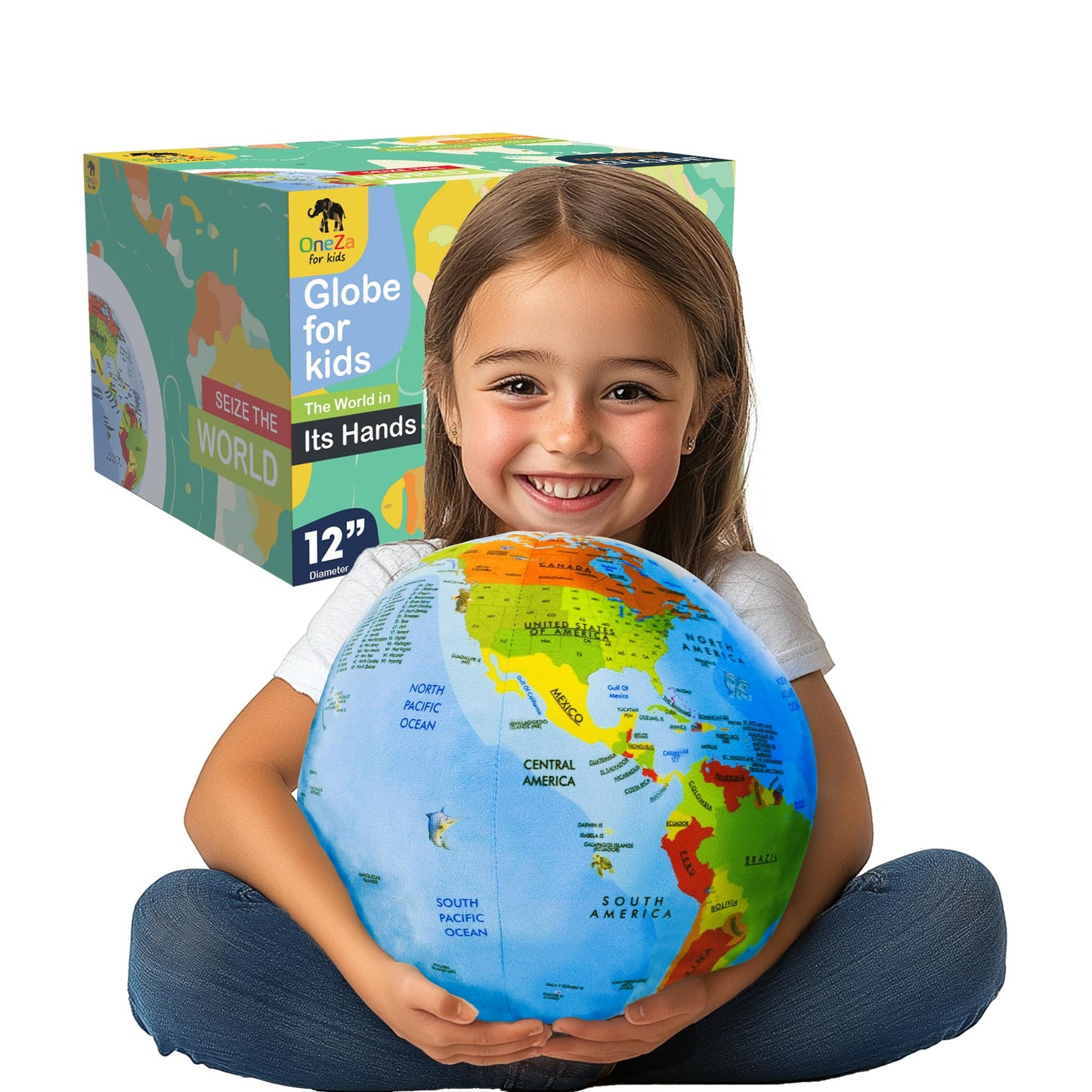 OneZa 12-inch Soft World Globe for Kids – Learn Geography with US States & Canada