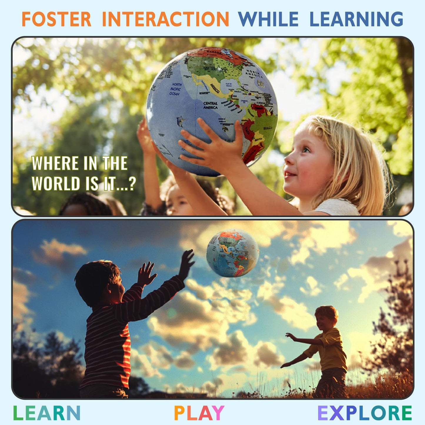 OneZa 12-inch Soft World Globe for Kids – Learn Geography with US States & Canada