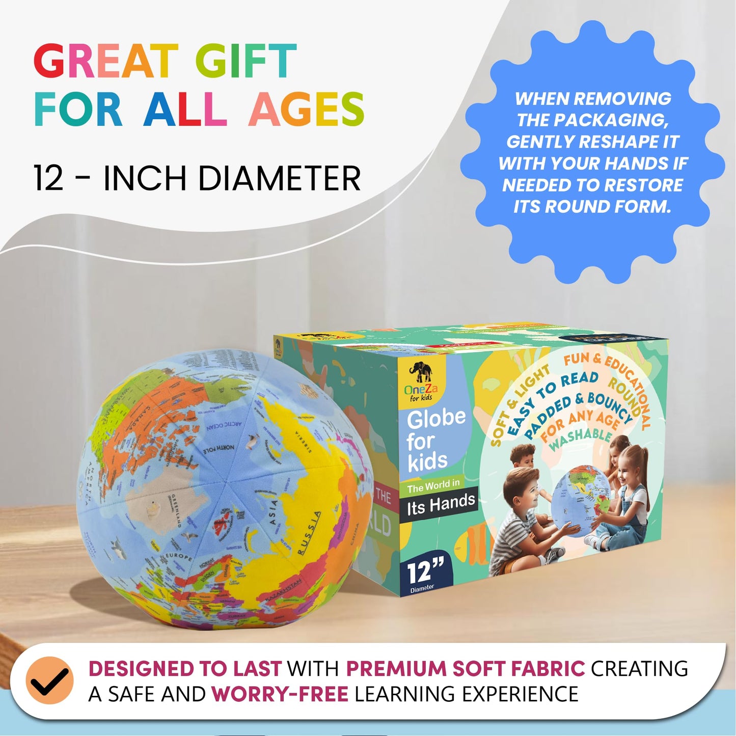 OneZa 12-inch Soft World Globe for Kids – Learn Geography with US States & Canada