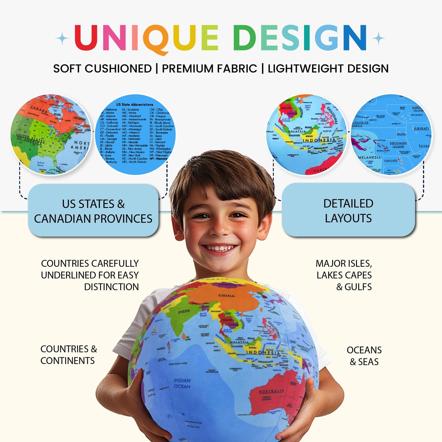 OneZa 12-inch Soft World Globe for Kids – Learn Geography with US States & Canada