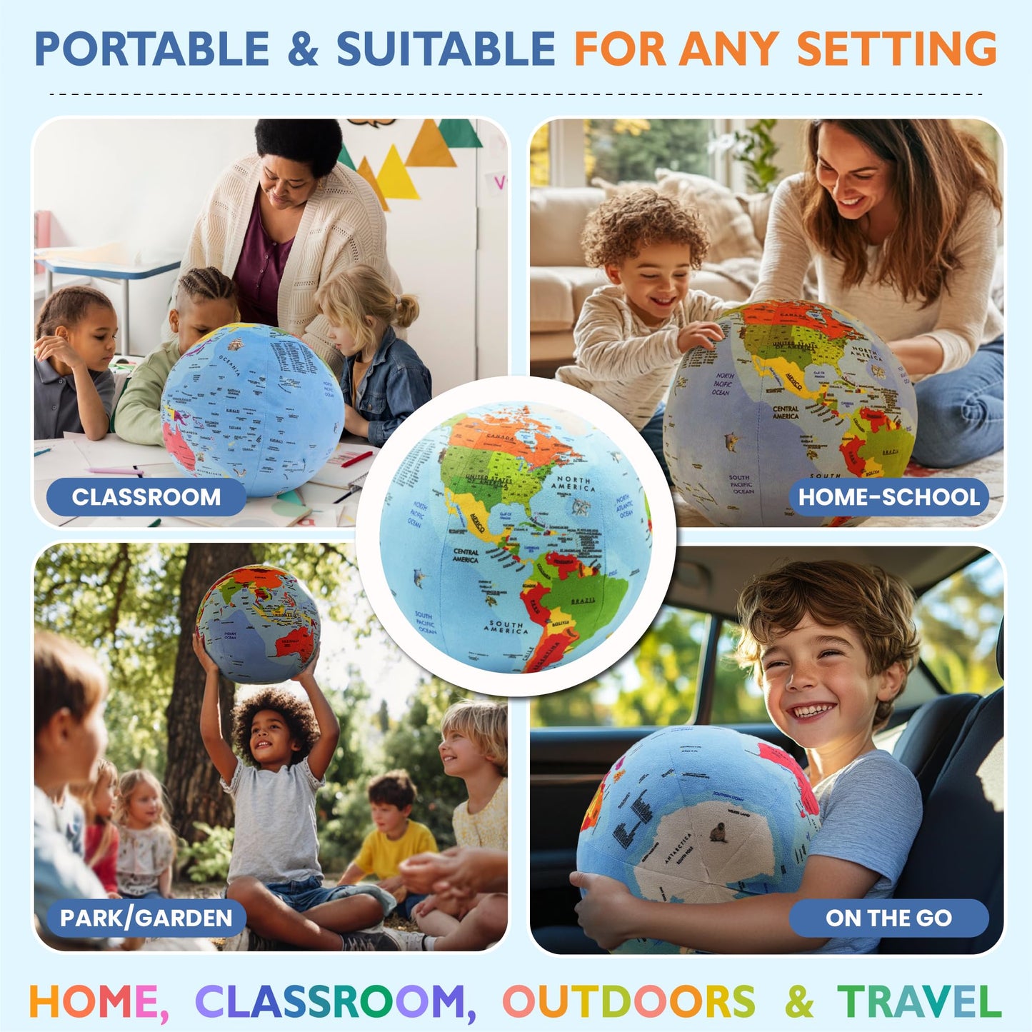 OneZa 12-inch Soft World Globe for Kids – Learn Geography with US States & Canada
