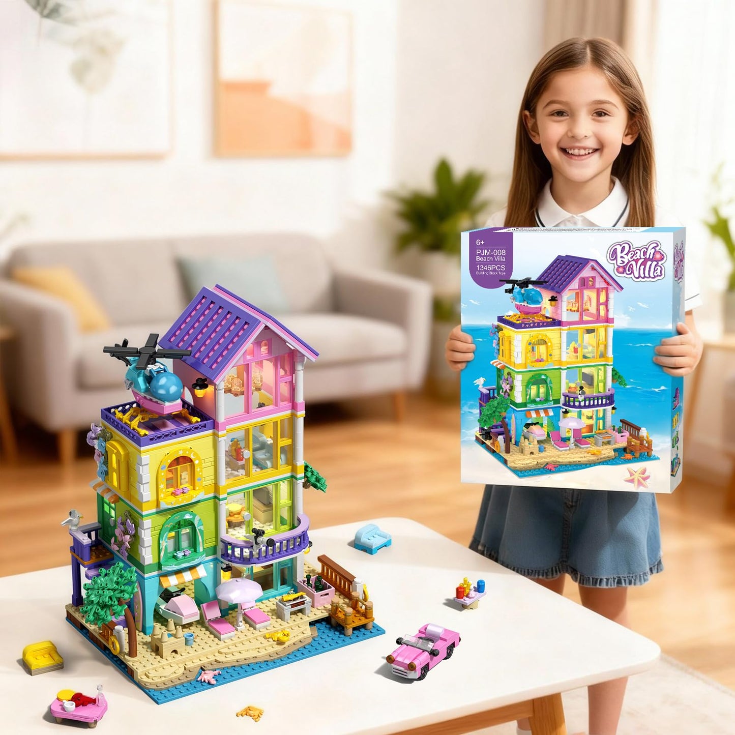 ONIMISC Beach House Building Set with Light – 1346-Pcs Seaside Villa for Girls 8-14