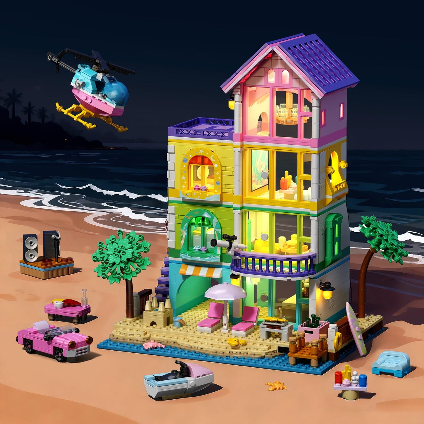 ONIMISC Beach House Building Set with Light – 1346-Pcs Seaside Villa for Girls 8-14