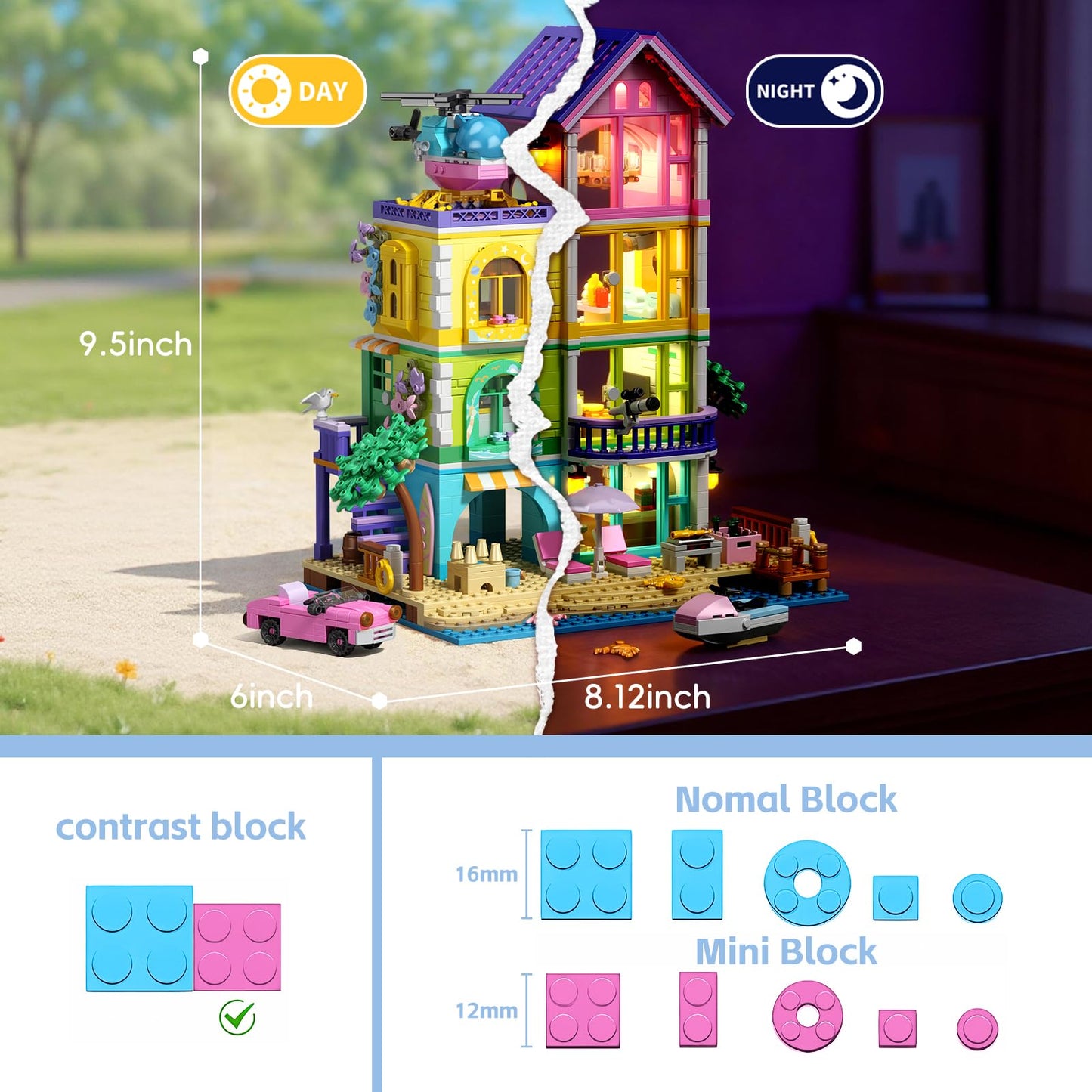 ONIMISC Beach House Building Set with Light – 1346-Pcs Seaside Villa for Girls 8-14