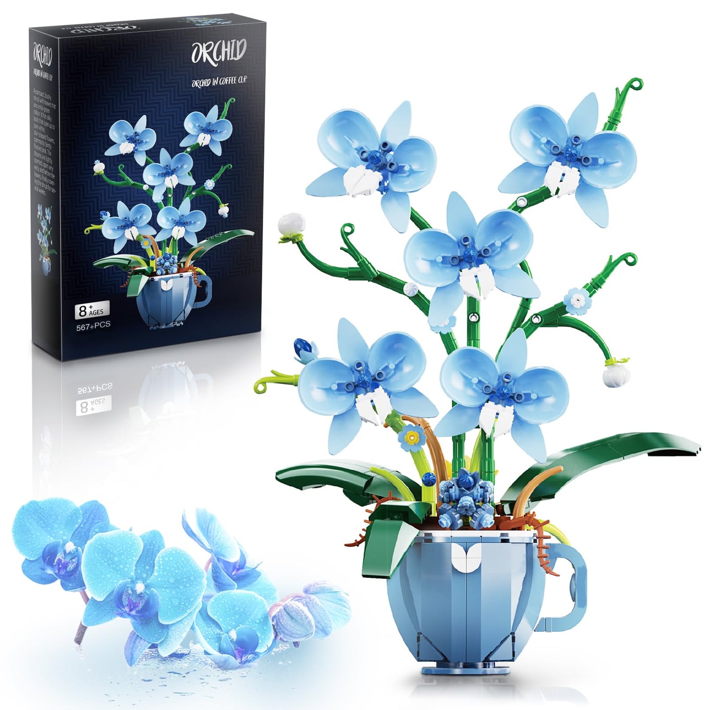 ONIMISC Blue Orchid Building Set with Vase – 567 Pcs for Adults