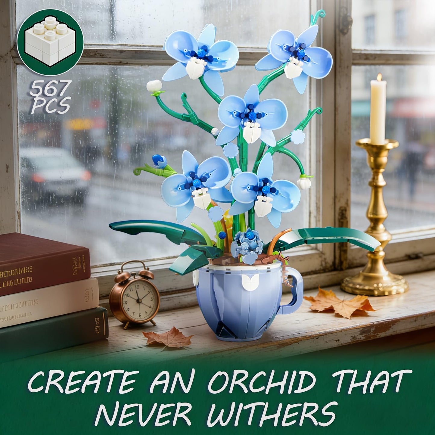 ONIMISC Blue Orchid Building Set with Vase – 567 Pcs for Adults