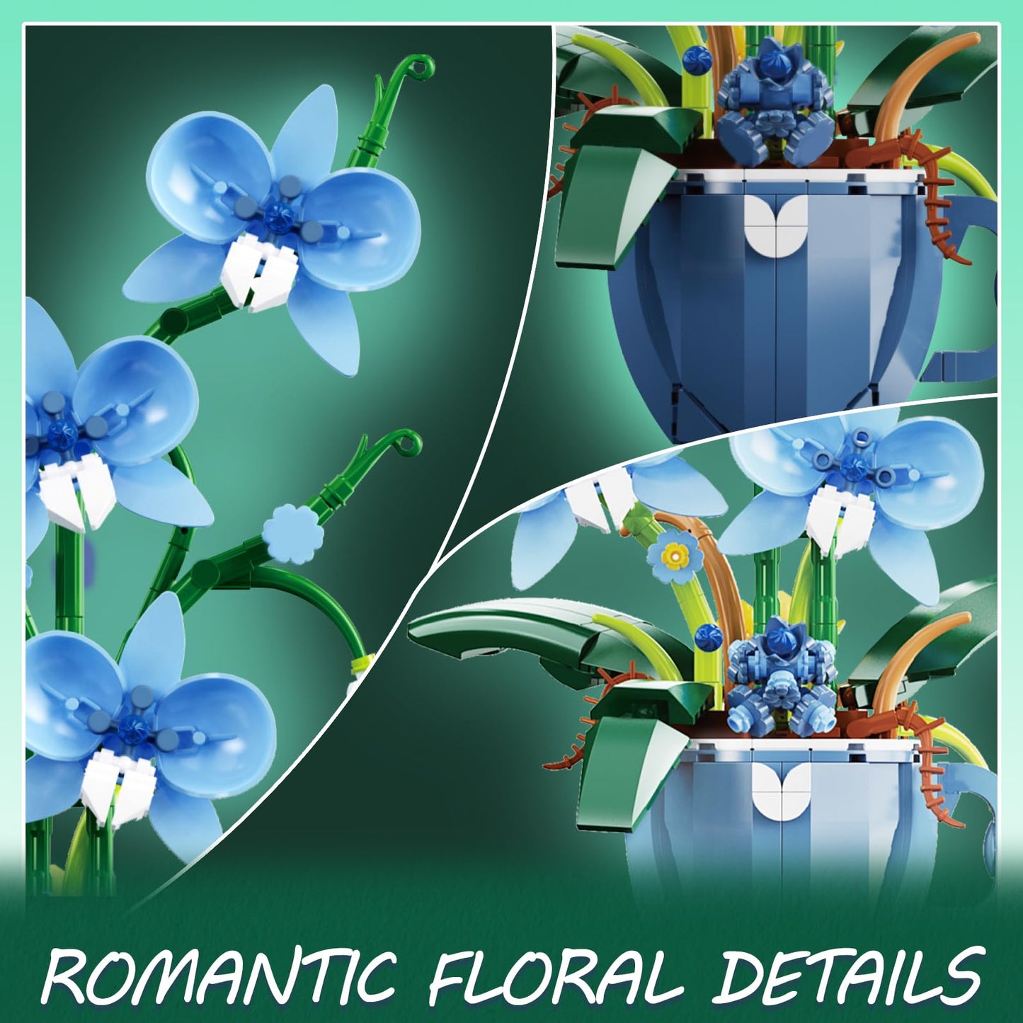 ONIMISC Blue Orchid Building Set with Vase – 567 Pcs for Adults