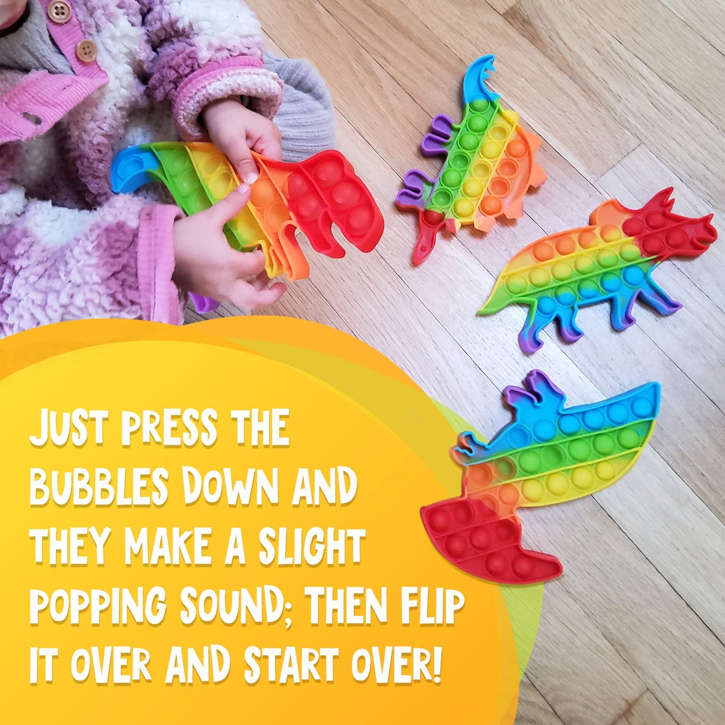 Only U Dinosaur Pop Fidget Toys Set – 4 Pack Silicone Rainbow Dino Push Pop