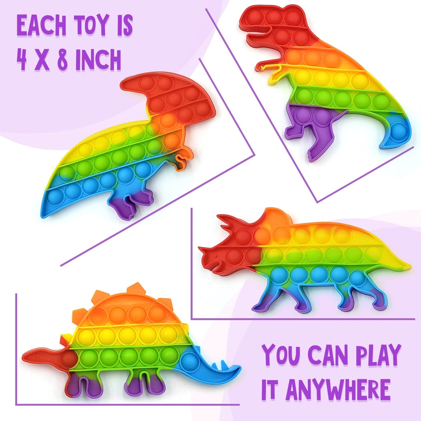 Only U Dinosaur Pop Fidget Toys Set – 4 Pack Silicone Rainbow Dino Push Pop