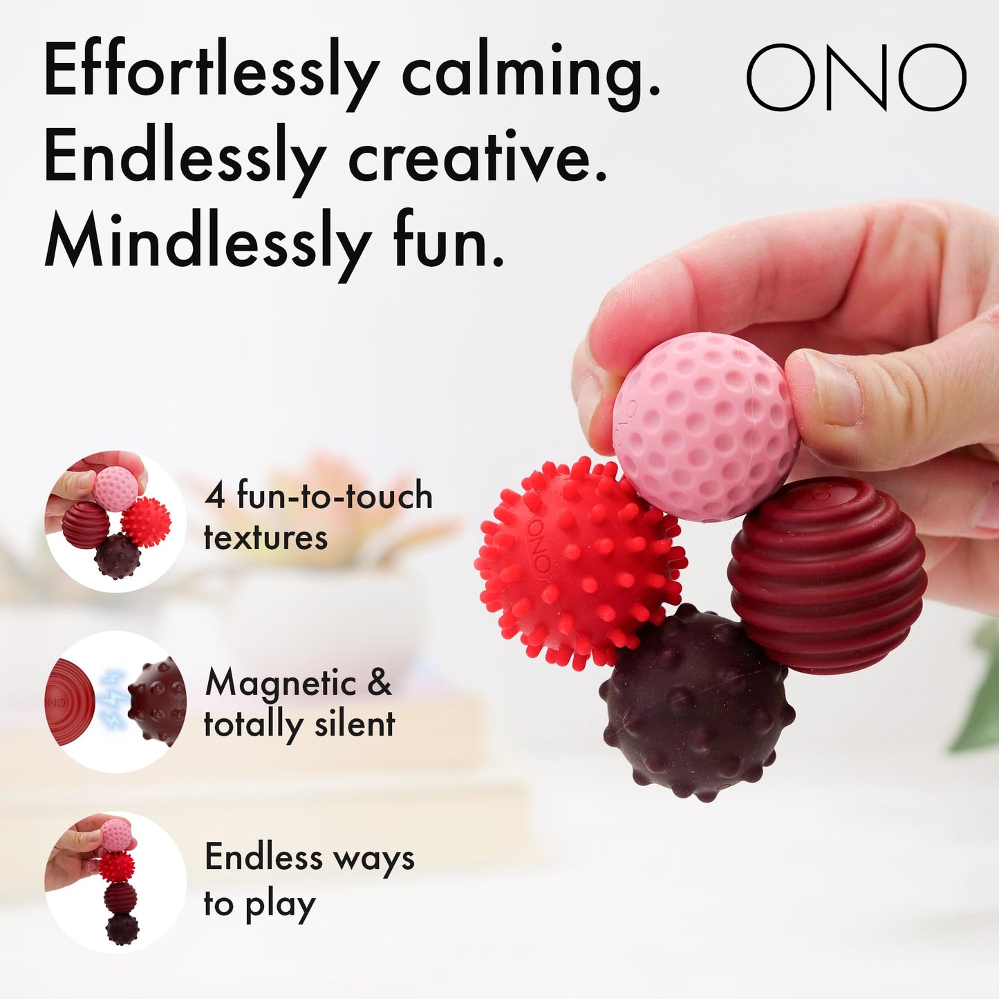 ONO Signets – Silicone Magnetic Balls with Textured Dimples, Bumps, and Waves | Ruby, Set of 8 | Fidget Toy for Adults