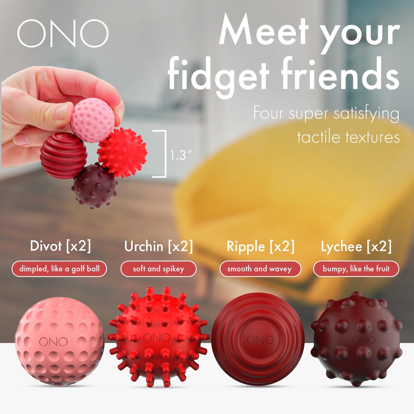 ONO Signets – Silicone Magnetic Balls with Textured Dimples, Bumps, and Waves | Ruby, Set of 8 | Fidget Toy for Adults