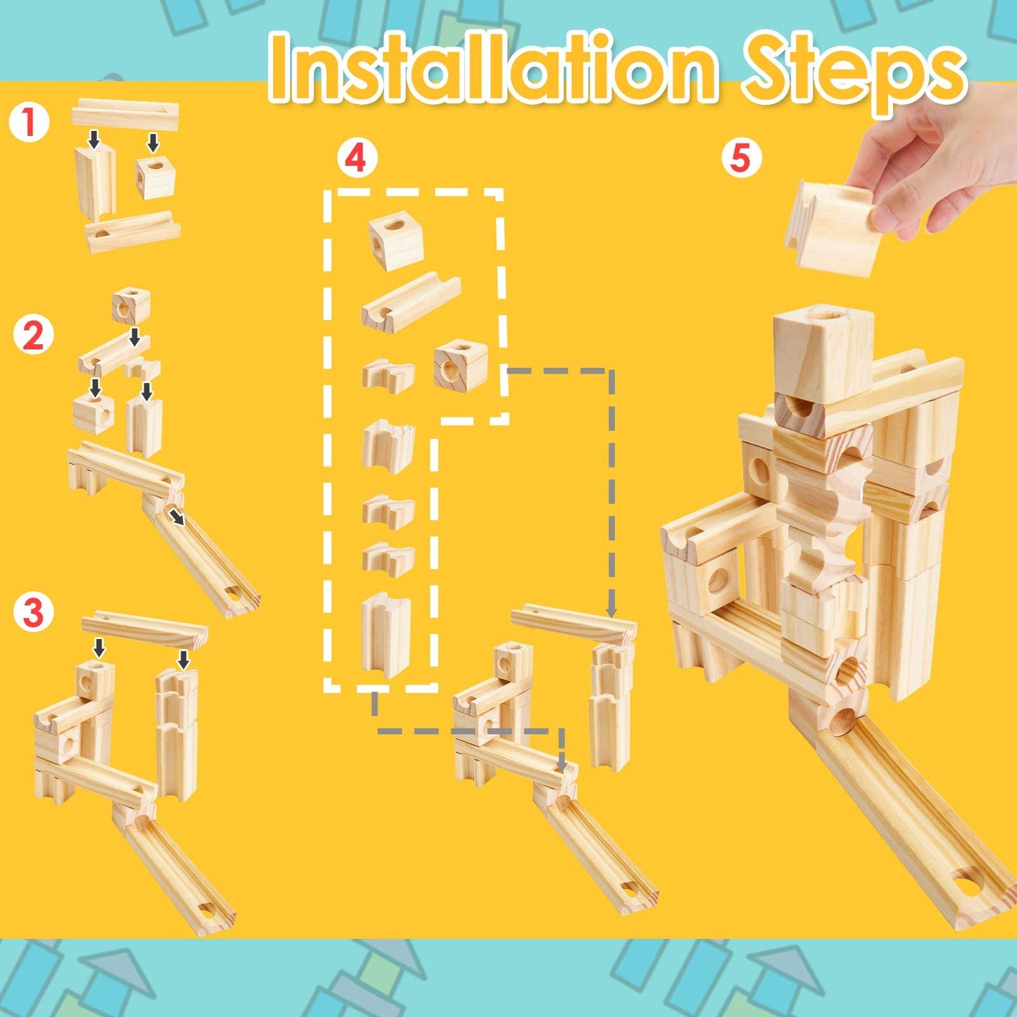 Onshine Wooden Marble Run, 60pc STEM Block Set for Kids 4-8