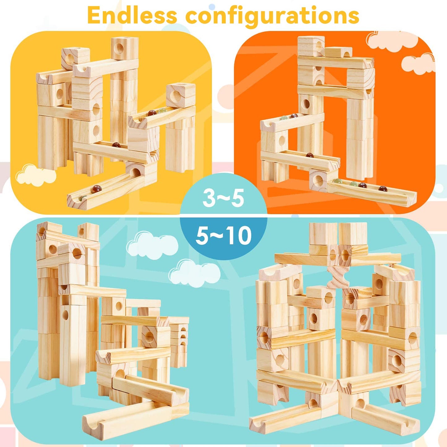 Onshine Wooden Marble Run, 60pc STEM Block Set for Kids 4-8