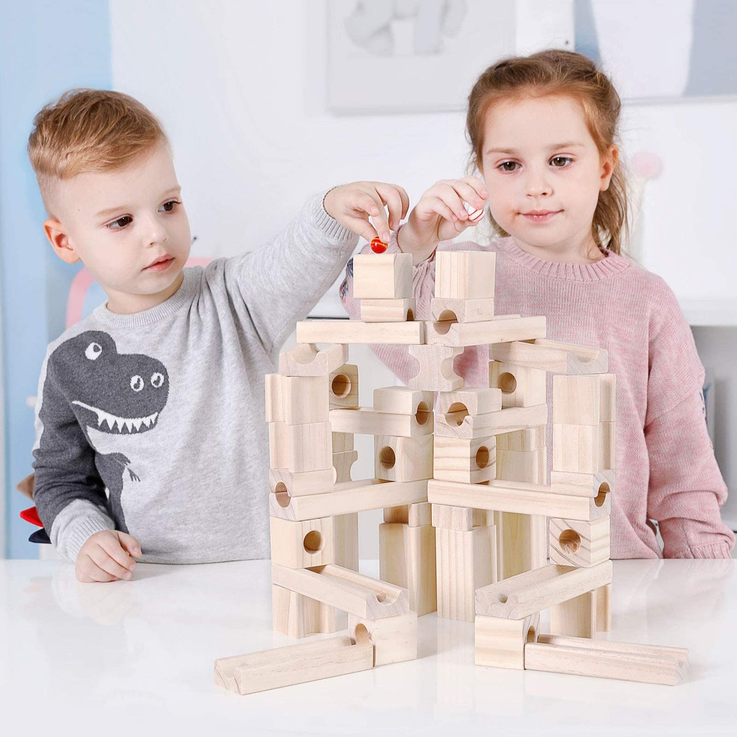 Onshine Wooden Marble Run, 60pc STEM Block Set for Kids 4-8