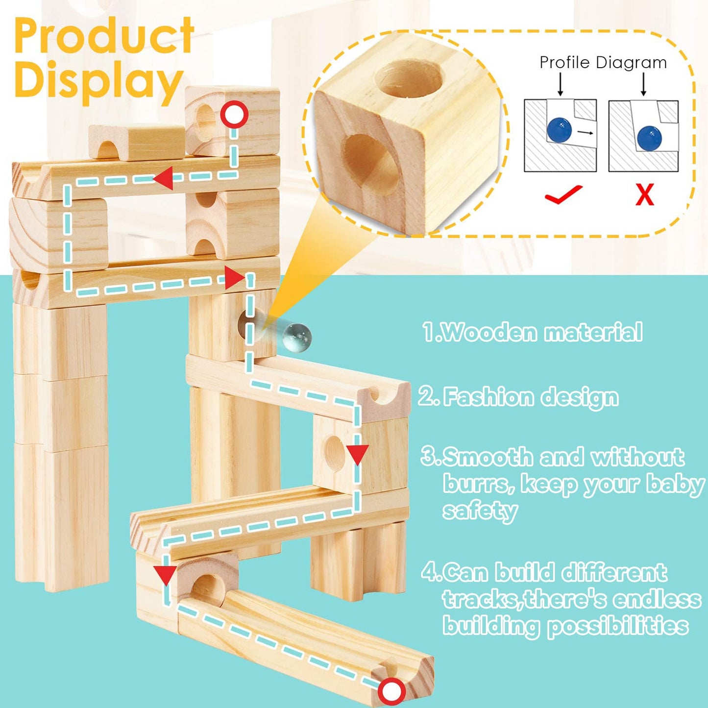 Onshine Wooden Marble Run, 60pc STEM Block Set for Kids 4-8