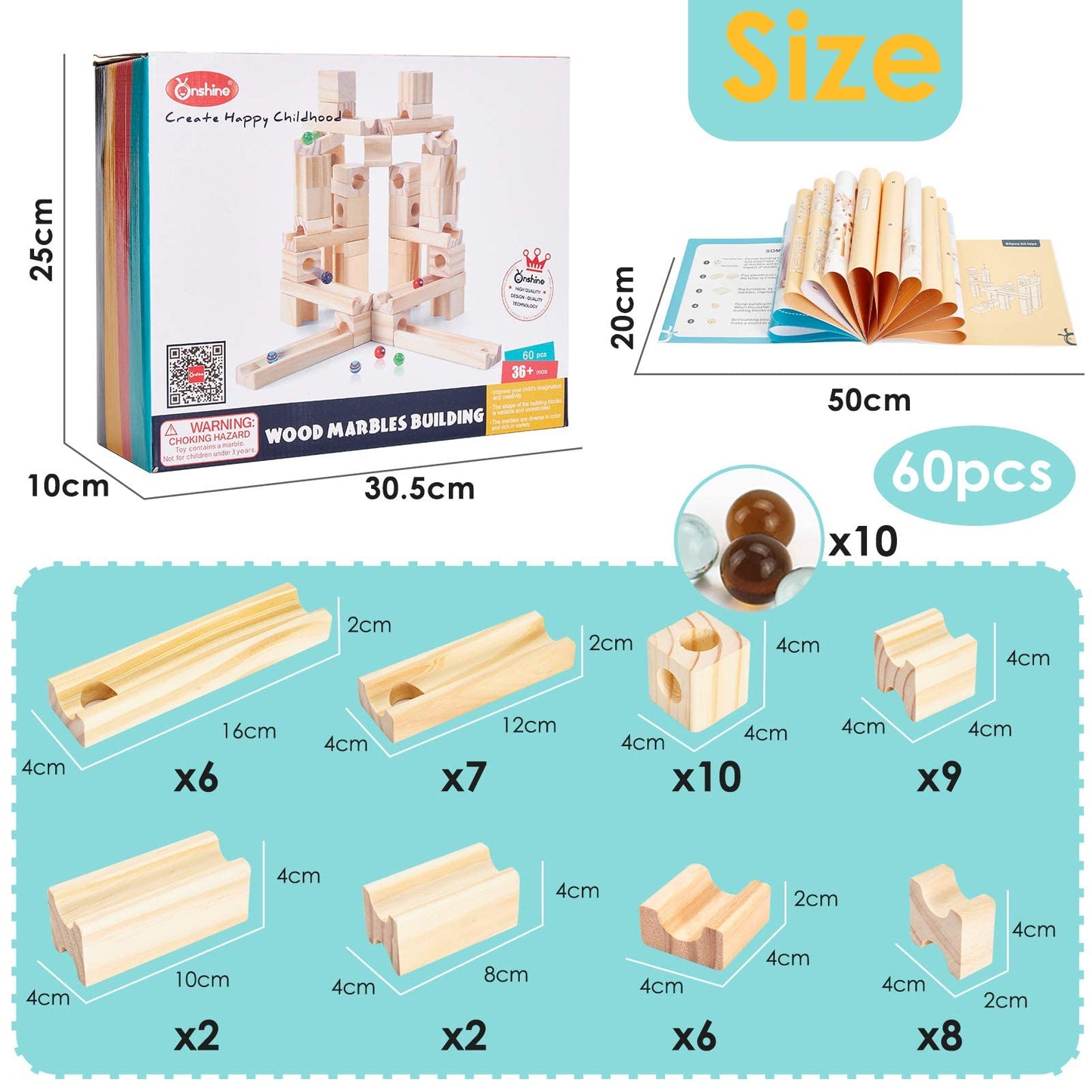 Onshine Wooden Marble Run, 60pc STEM Block Set for Kids 4-8
