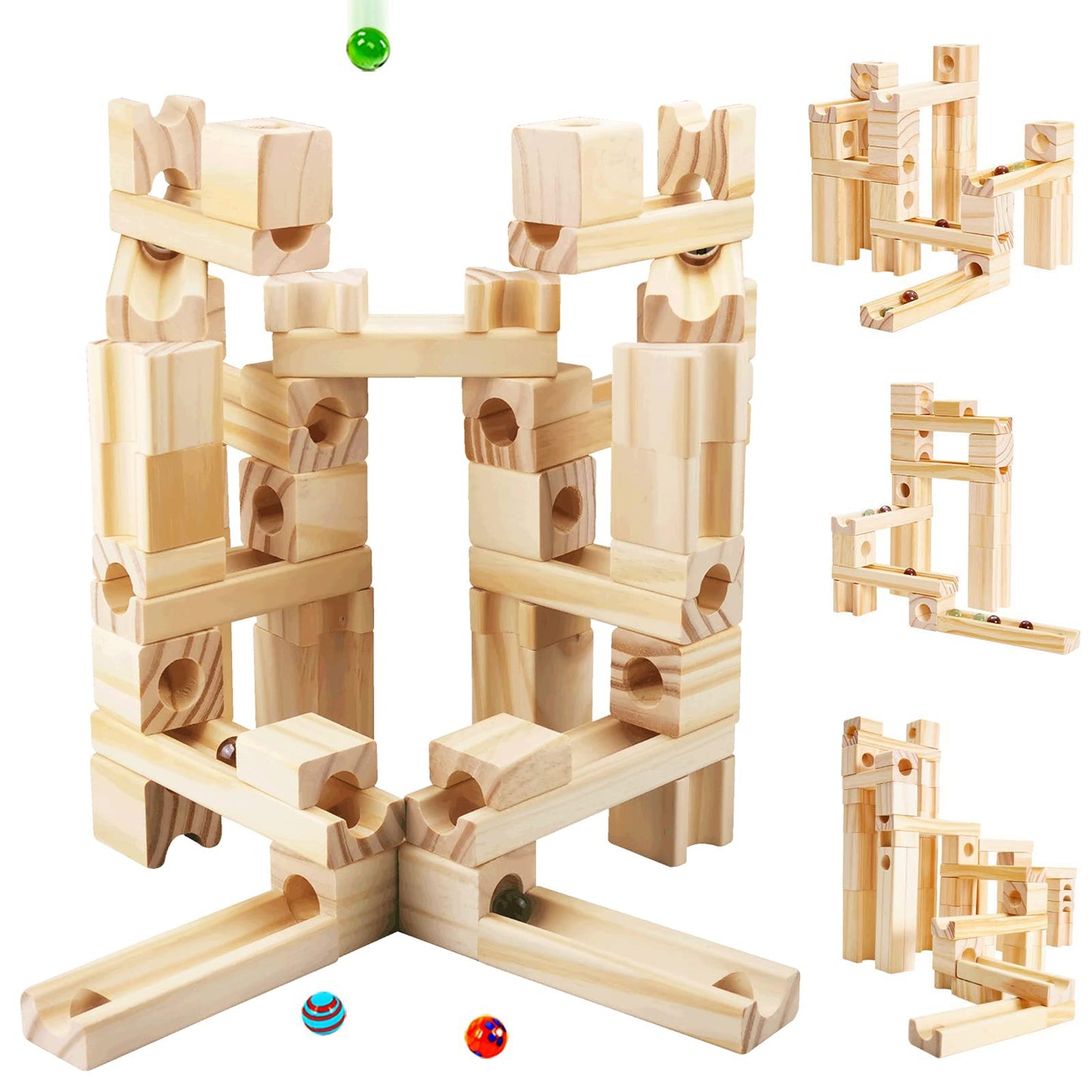 Onshine Wooden Marble Run, 60pc STEM Block Set for Kids 4-8