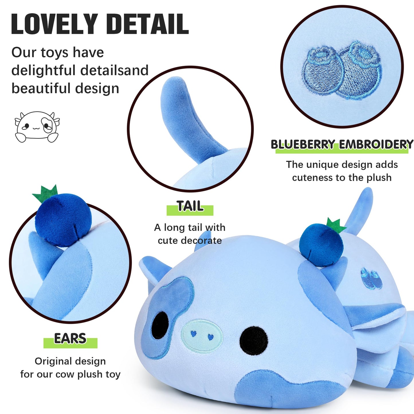 Onsoyours Blueberry Cow Plushie – 12" Soft Plush Pillow for Kids