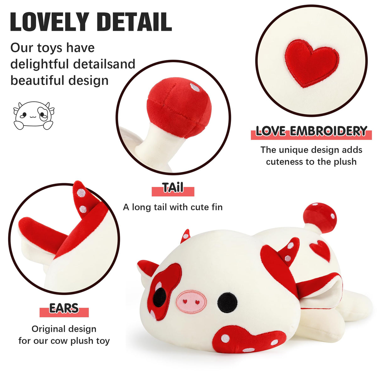 Onsoyours Cute Cow Plushie - 12in Soft Mushroom Love Cow Plush Pillow for Kids