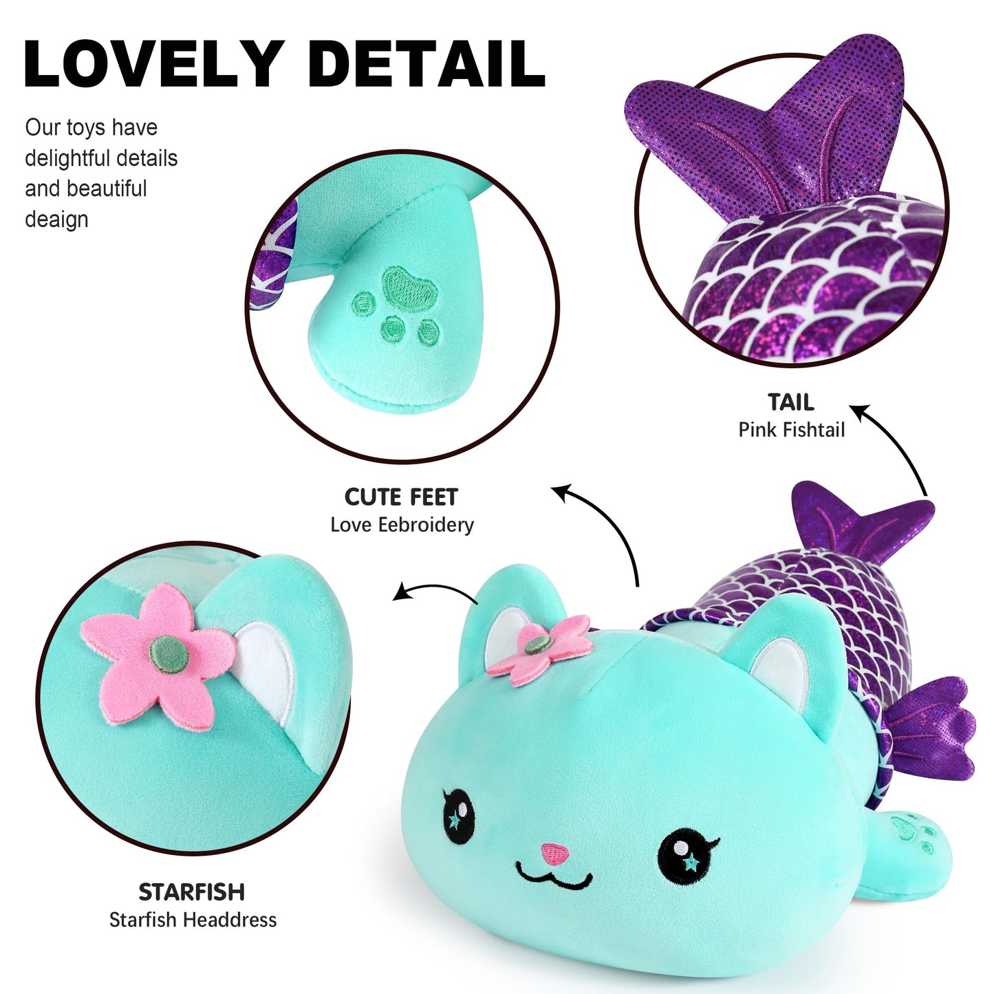Onsoyours Cute Kitten Mermaid Plush Toy – 12-Inch Blue Cat Mermaid Pillow for Kids